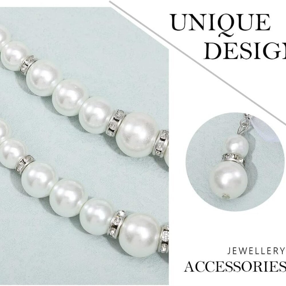 Vintage Pearl Jewelry Set Bridal Necklace Earrings Silver Crystal Brooch - Picture 5 of 9